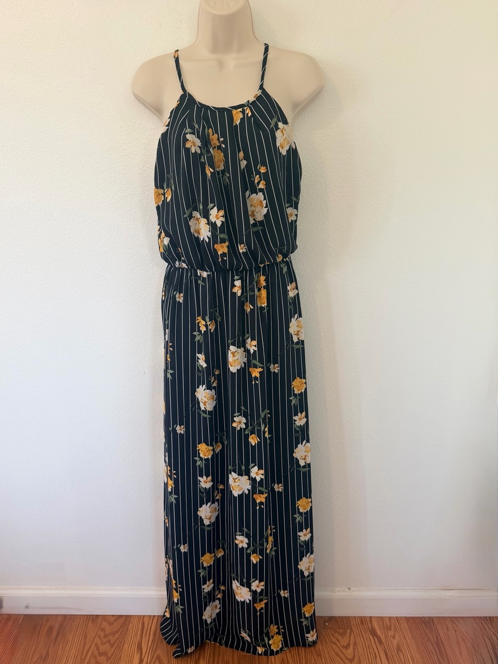 Floral Stripe Maxi Dress in Black and Yellow